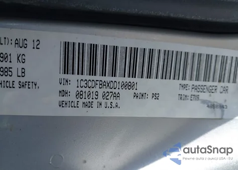 2013 Dodge Dart Sxt z USA, uszkodzony, nr VIN 1C3CDFBAXDD100801